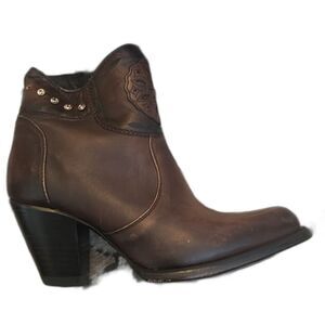 Joe Brown Leather Stamped Rhinestone Floral Ankle Cowboy Boot Sz 25.5 US 9.5